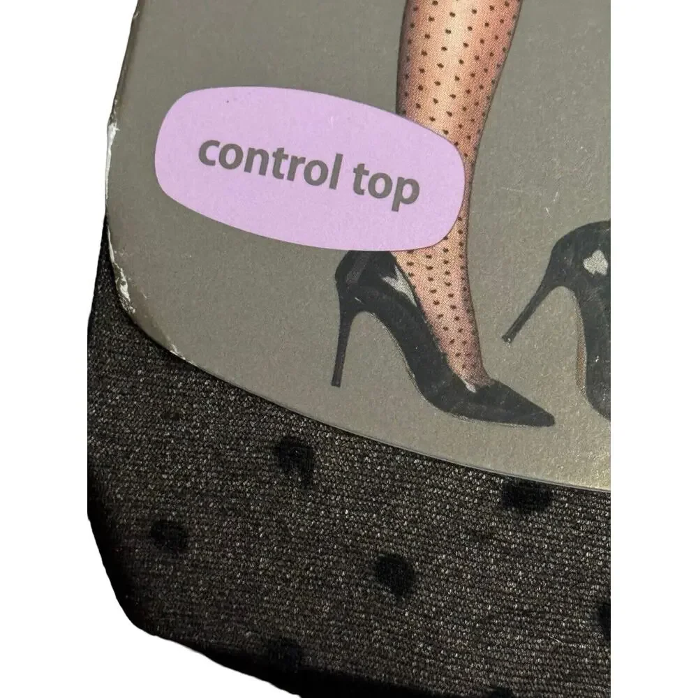 LADIES SECRET TREASURES CONTROL TOP BLACK NYLON SHEER W/BLACK DOTS HOSE SZ 1 NIP